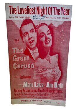 1951 The Loveliest Night of the Year Sheet Music The Great Caruso Aaronson Lanza